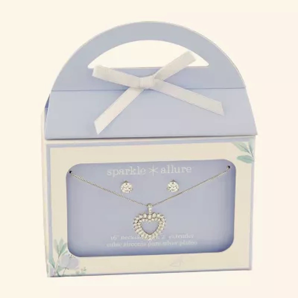 Sparkle Allure Cubic Zirconia Silver Tone Pure Silver Over Brass Heart 2 Piece